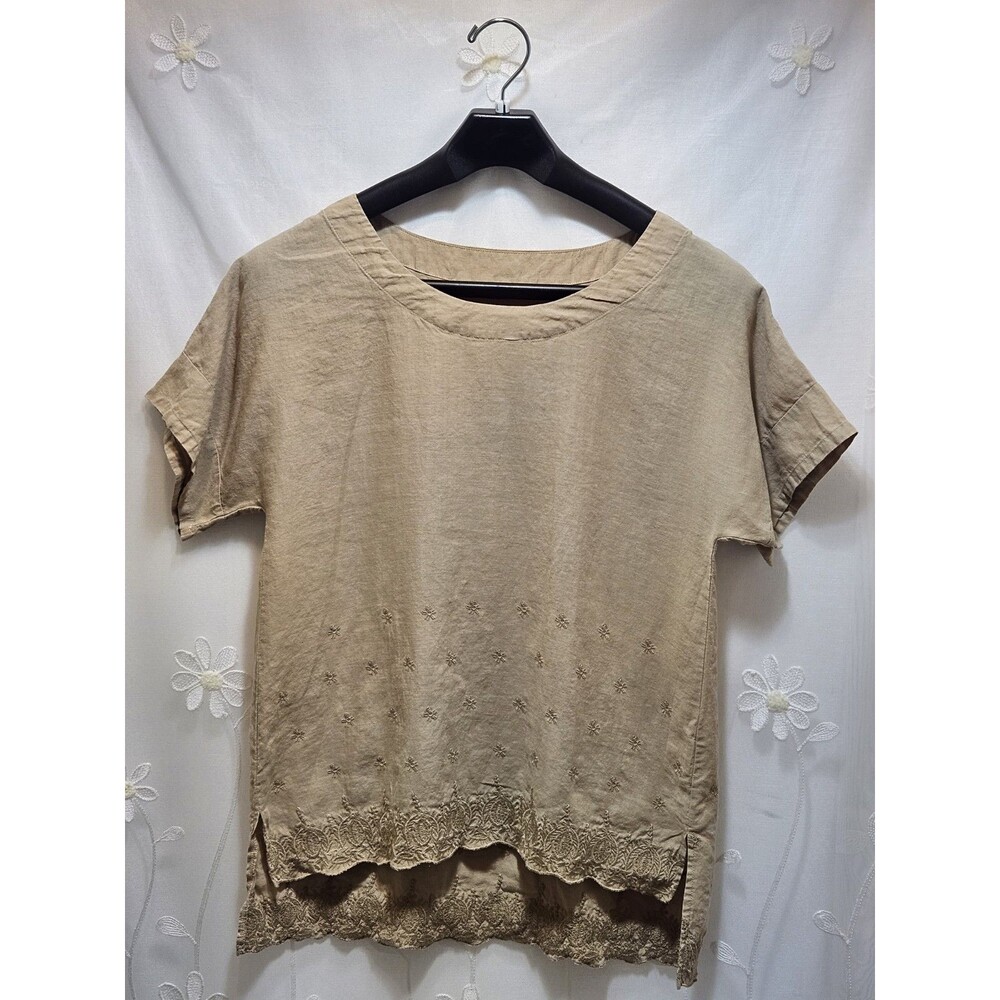 Womens Large Beige Top Southwestern Native Floral Lightweight Stylish High-Low
